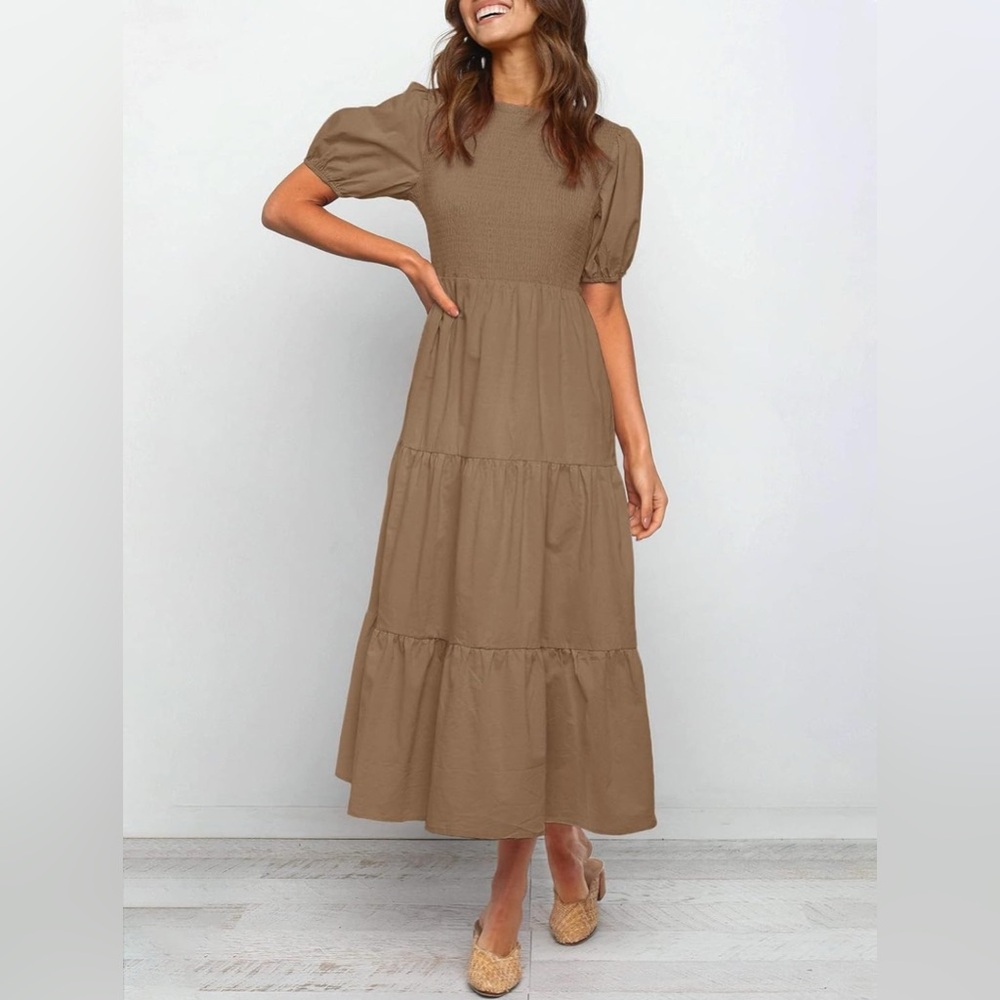 Zesica Puff Sleeve Smocked High Waist Ruffle Tiered Brown A Line Midi Dress